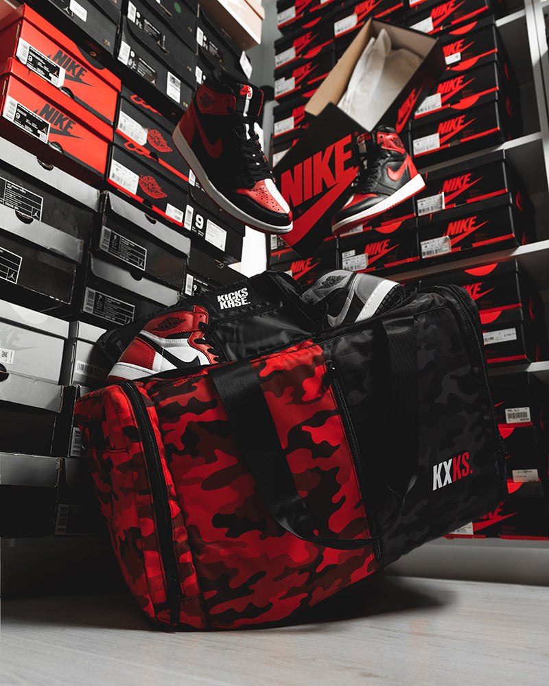 Split Camo Duffle (Red/Black) - Kicks Kase USA